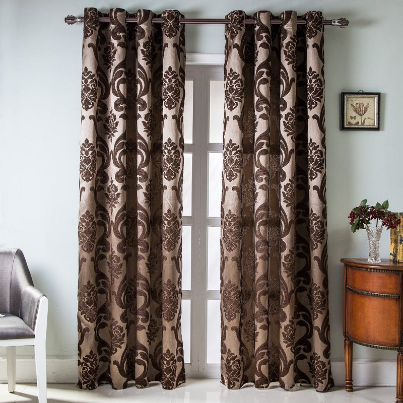 NAPEARL Brown Curtains for Living Room, Jacquard Curtain Drapes for Windows 84 Inch Length, Grommet Damask Curtains for Bedroom (2 Panels, Each 52 x 84 Inches) - Image 2